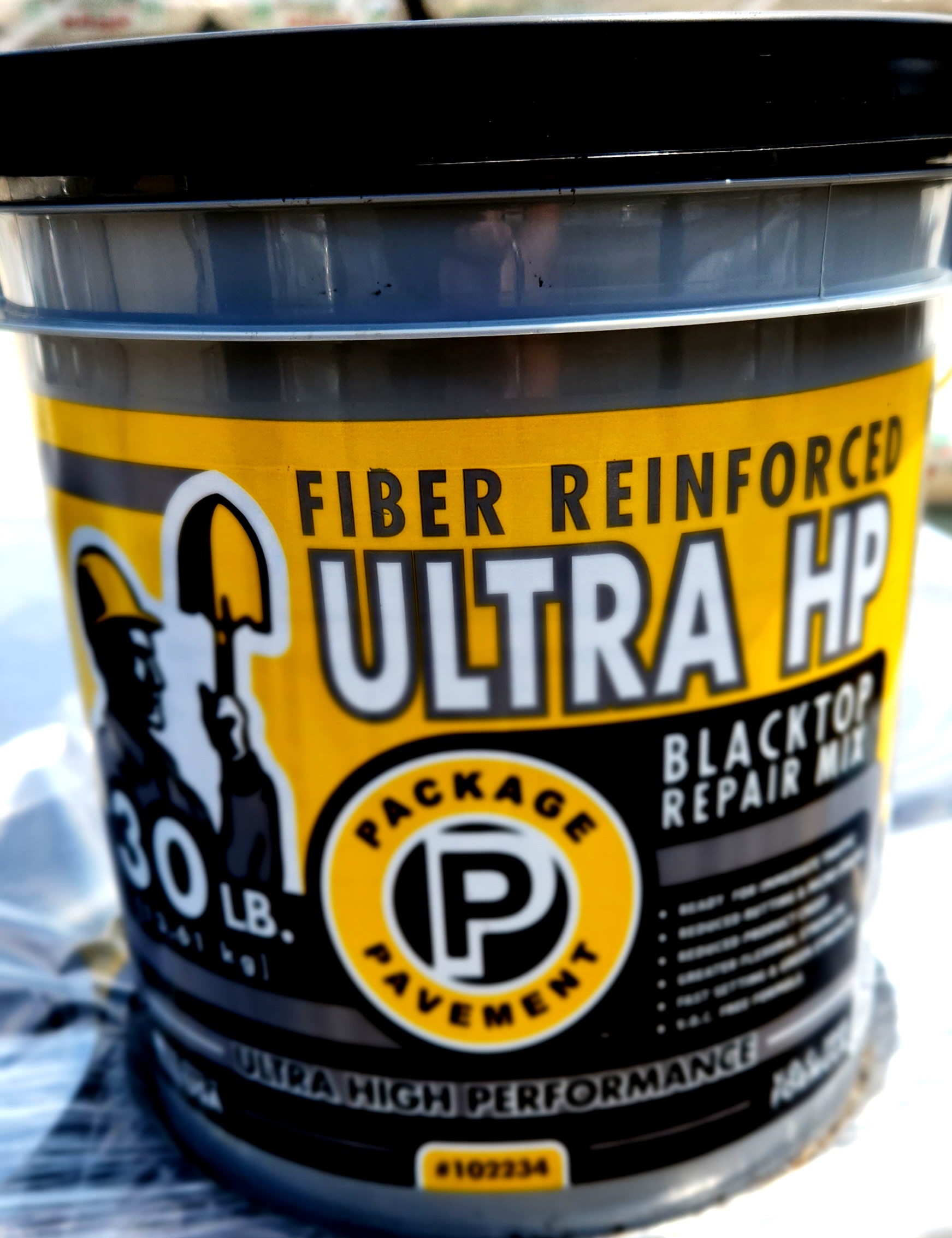 New 30lb pail Fiber Reinforced Ultra HP Blacktop Repair Mix Package